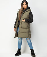 Khaki-Long-Drawstring-Waist-Hooded-Bodywarmer-Gilet-5
