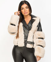 Black-Beige-Pu-Pvc-Faux-Fur-Leather-Aviator-Jacket-2