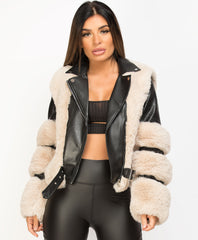 Black-Beige-Pu-Pvc-Faux-Fur-Leather-Aviator-Jacket-4