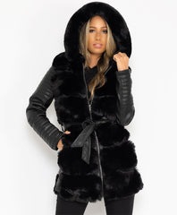 Black-Pu-Pvc-Tiered-Faux-Fur-Hooded-3-4-Coat-Jacket-1
