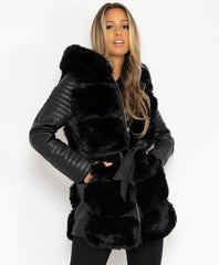 Black-Pu-Pvc-Tiered-Faux-Fur-Hooded-3-4-Coat-Jacket-3