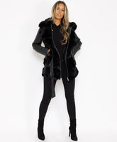 Black-Pu-Pvc-Tiered-Faux-Fur-Hooded-3-4-Coat-Jacket-4