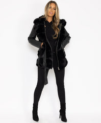 Black-Pu-Pvc-Tiered-Faux-Fur-Hooded-3-4-Coat-Jacket-4