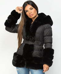 Black-Faux-Fur-Trim-Cuff-Hem-Hooded-Belted-Quilted-Coat-Jacket-2