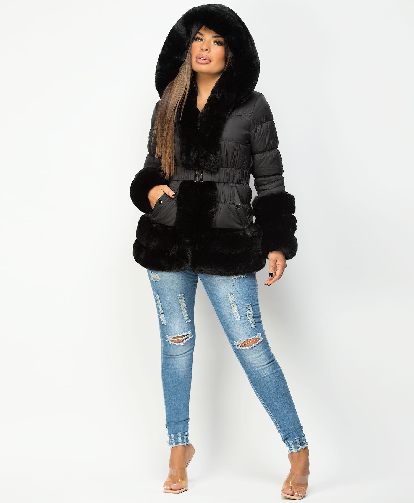 Black-Faux-Fur-Trim-Cuff-Hem-Hooded-Belted-Quilted-Coat-Jacket-3