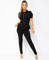 Black-Short-Sleeve-Frill-Gold-Button-Ribbed-Loungewear-Set-1