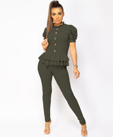 Khaki-Short-Sleeve-Frill-Gold-Button-Ribbed-Loungewear-Set-1