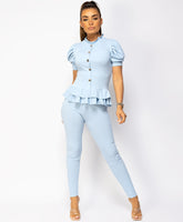Sky-Blue-Short-Sleeve-Frill-Gold-Button-Ribbed-Loungewear-Set-1