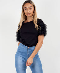 Black-Tulle-Frill-Sleeve-Plain-T-Shirt-3