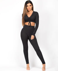 Black-Ribbed-Tie-Ruched-Long-Sleeve-Loungewear-Set-1