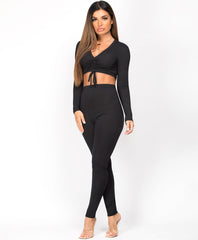 Black-Ribbed-Tie-Ruched-Long-Sleeve-Loungewear-Set-3