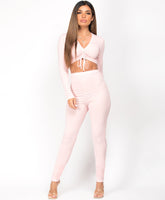 Pink-Ribbed-Tie-Ruched-Long-Sleeve-Loungewear-Set-1