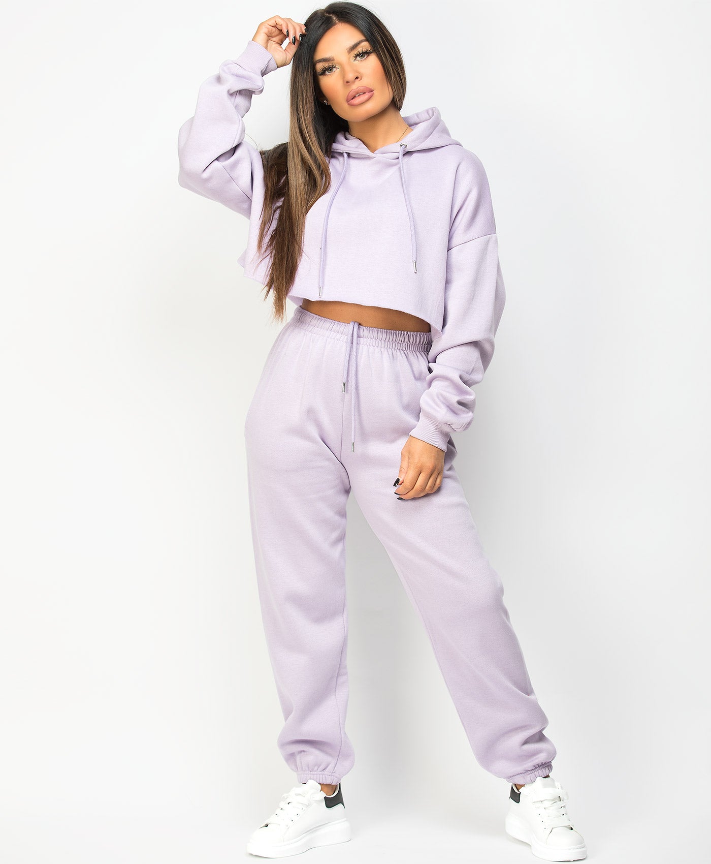 Lilac Oversized Cropped Hoodie Joggers Loungewear Set – www