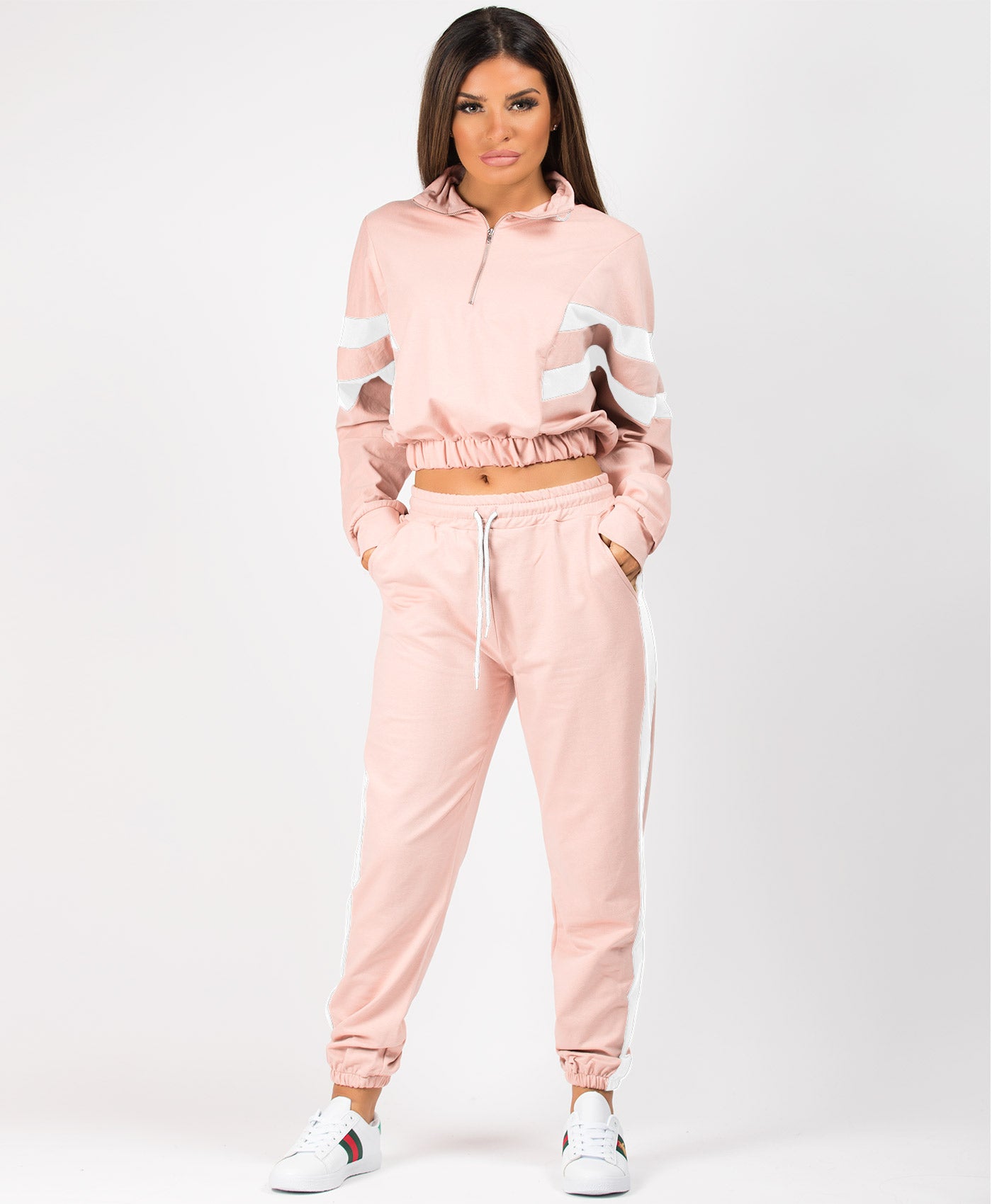 Pink-Contrast-Bold-Stripe-Half-Zip-Cropped-Loungewear-Set-1