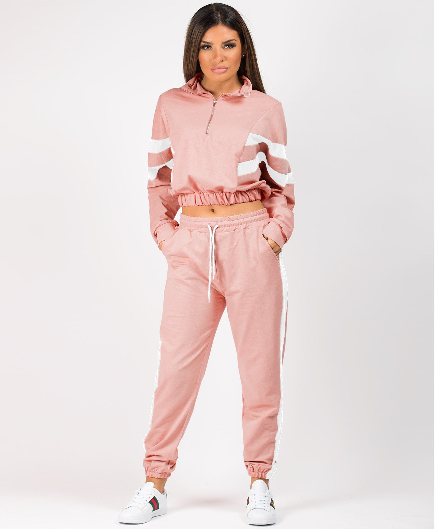 Rose-Pink-Contrast-Bold-Stripe-Half-Zip-Cropped-Loungewear-Set-1