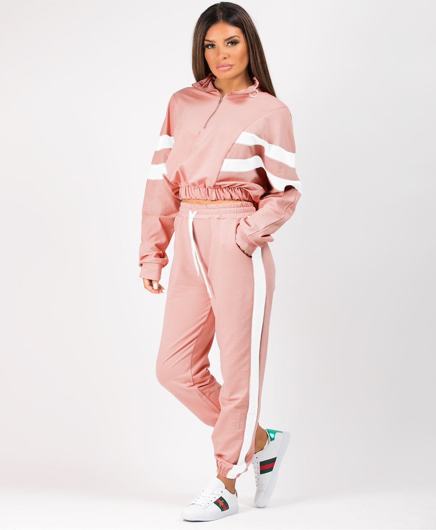 Rose-Pink-Contrast-Bold-Stripe-Half-Zip-Cropped-Loungewear-Set-2
