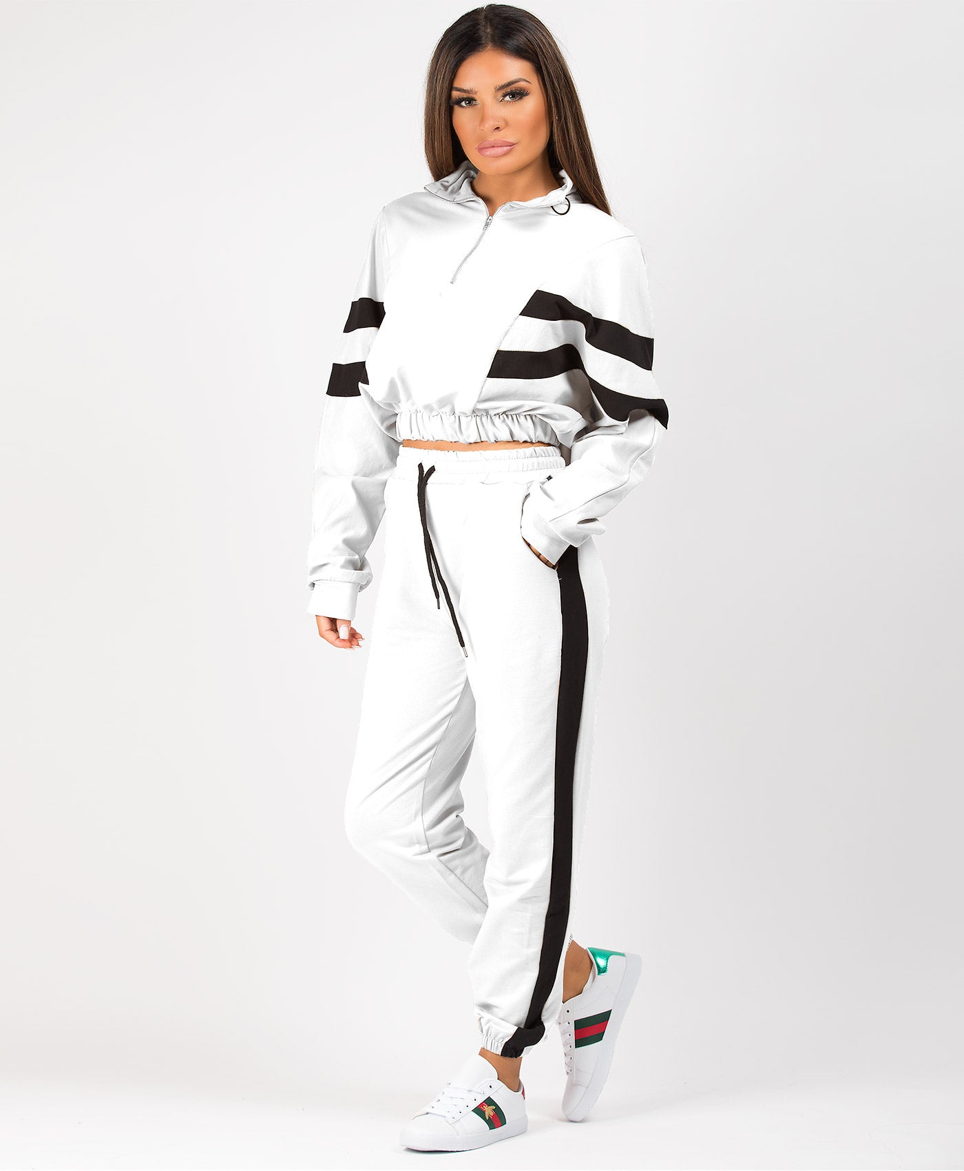 White-Contrast-Bold-Stripe-Half-Zip-Cropped-Loungewear-Set-2