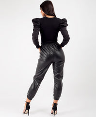 Black-Puff-Ruched-Ruffle-Sleeve-Ribbed-Bodysuit-4