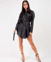 Black-PU-PVC-Faux-Leather-Belted-Shirt-Dress-1