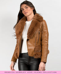 Tan-Faux-Fur-Trimmed-PU-PVC-Belted-Biker-Jacket-1
