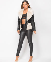 Black-Beige-Faux-Fur-Trimmed-PU-PVC-Belted-Biker-Jacket-3