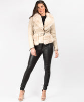 Beige-Faux-Fur-Trimmed-PU-PVC-Belted-Biker-Jacket-1