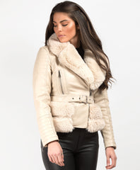 Beige-Faux-Fur-Trimmed-PU-PVC-Belted-Biker-Jacket-4
