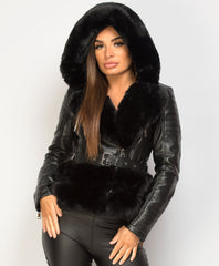 Black-PU-PVC-Faux-Fur-Hooded-Belted-Biker-Jacket-1
