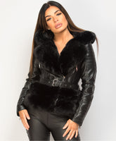 Black-PU-PVC-Faux-Fur-Hooded-Belted-Biker-Jacket-2