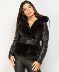 Black-PU-PVC-Faux-Fur-Hooded-Belted-Biker-Jacket-2