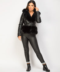 Black-PU-PVC-Faux-Fur-Hooded-Belted-Biker-Jacket-3
