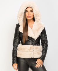 Black-Beige-PU-PVC-Faux-Fur-Hooded-Belted-Biker-Jacket-1
