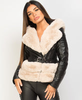 Black-Beige-PU-PVC-Faux-Fur-Hooded-Belted-Biker-Jacket-2