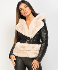 Black-Beige-PU-PVC-Faux-Fur-Hooded-Belted-Biker-Jacket-2