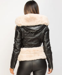 Black-Beige-PU-PVC-Faux-Fur-Hooded-Belted-Biker-Jacket-4