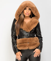 Black-Camel-PU-PVC-Faux-Fur-Hooded-Belted-Biker-Jacket-1