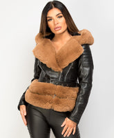 Black-Camel-PU-PVC-Faux-Fur-Hooded-Belted-Biker-Jacket-2
