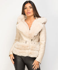Beige-PU-PVC-Faux-Fur-Hooded-Belted-Biker-Jacket-2