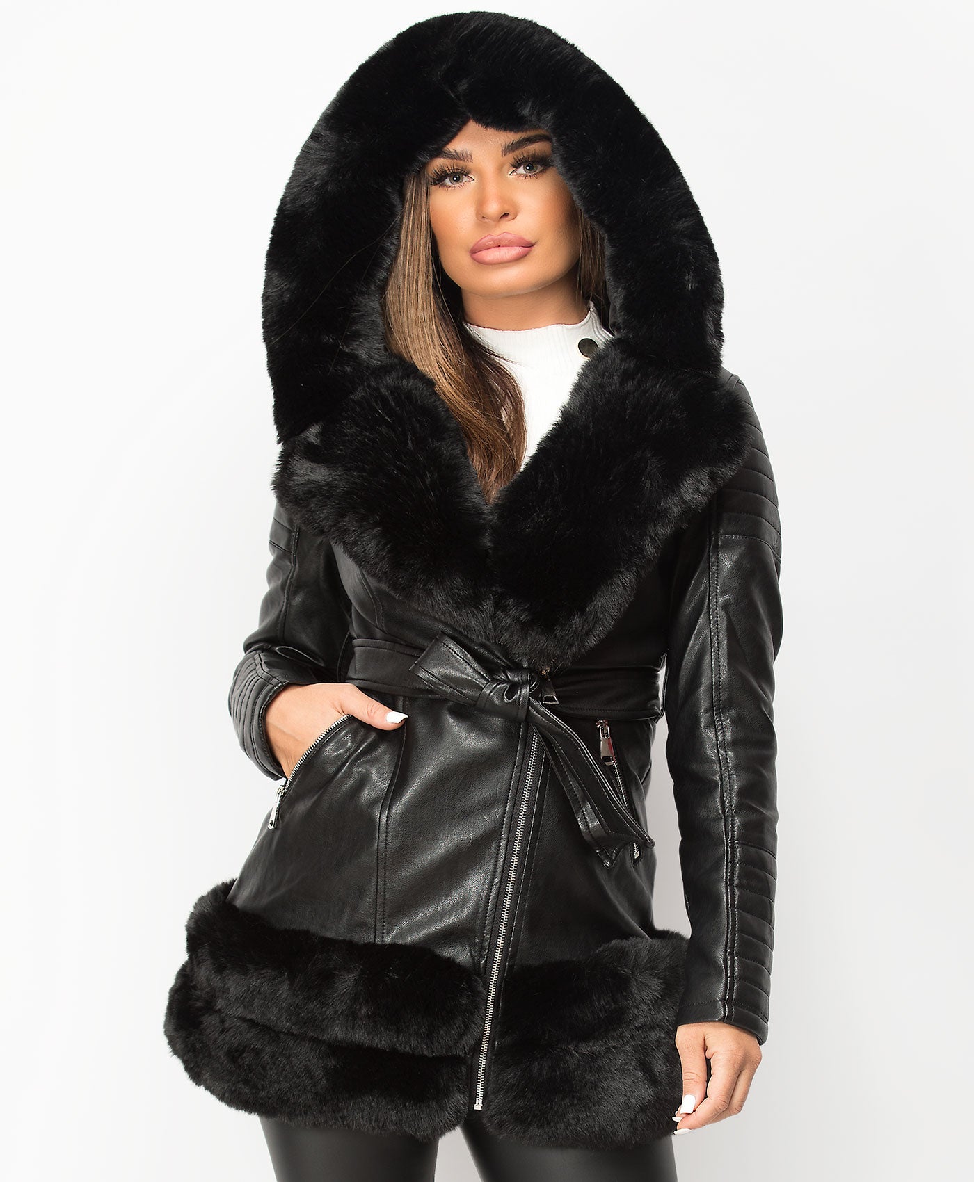 Black-3-4-PU-PVC-Faux-Fur-Hem-Belted-Hooded-Jacket-1