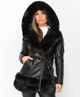 Black-3-4-PU-PVC-Faux-Fur-Hem-Belted-Hooded-Jacket-1
