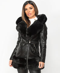 Black-3-4-PU-PVC-Faux-Fur-Hem-Belted-Hooded-Jacket-2