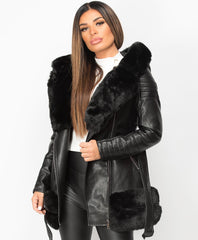 Black-3-4-PU-PVC-Faux-Fur-Hem-Belted-Hooded-Jacket-3