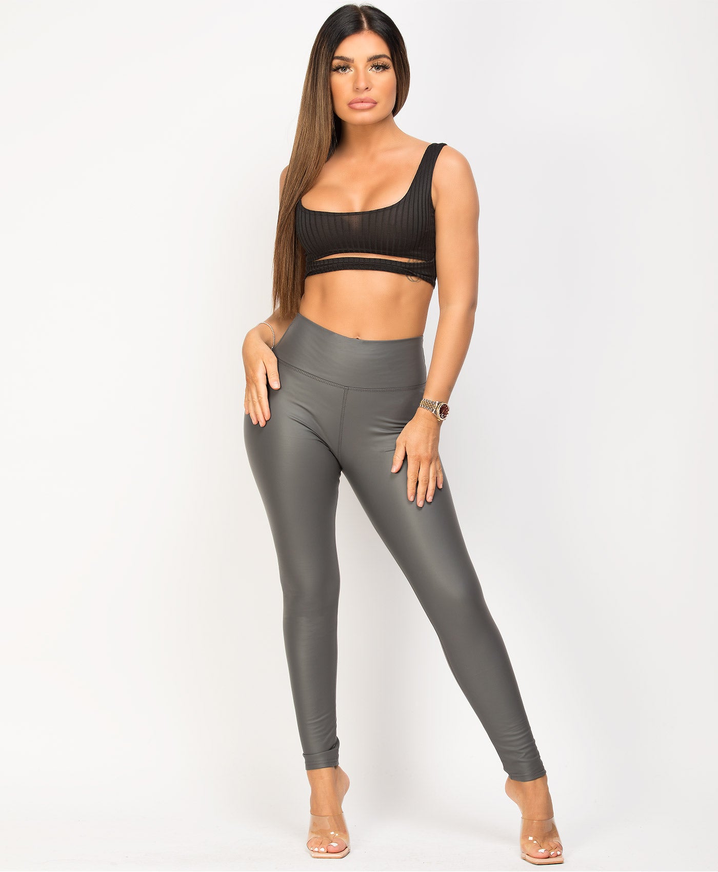 Wet Look Pu Leather Look Leggings Grey Wet Look Matte Faux Leather