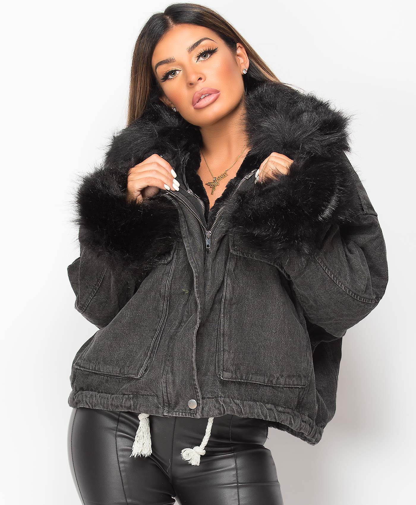 Black-Black-Faux-Fur-Trim-Lined-Oversized-Denim-Jacket-4