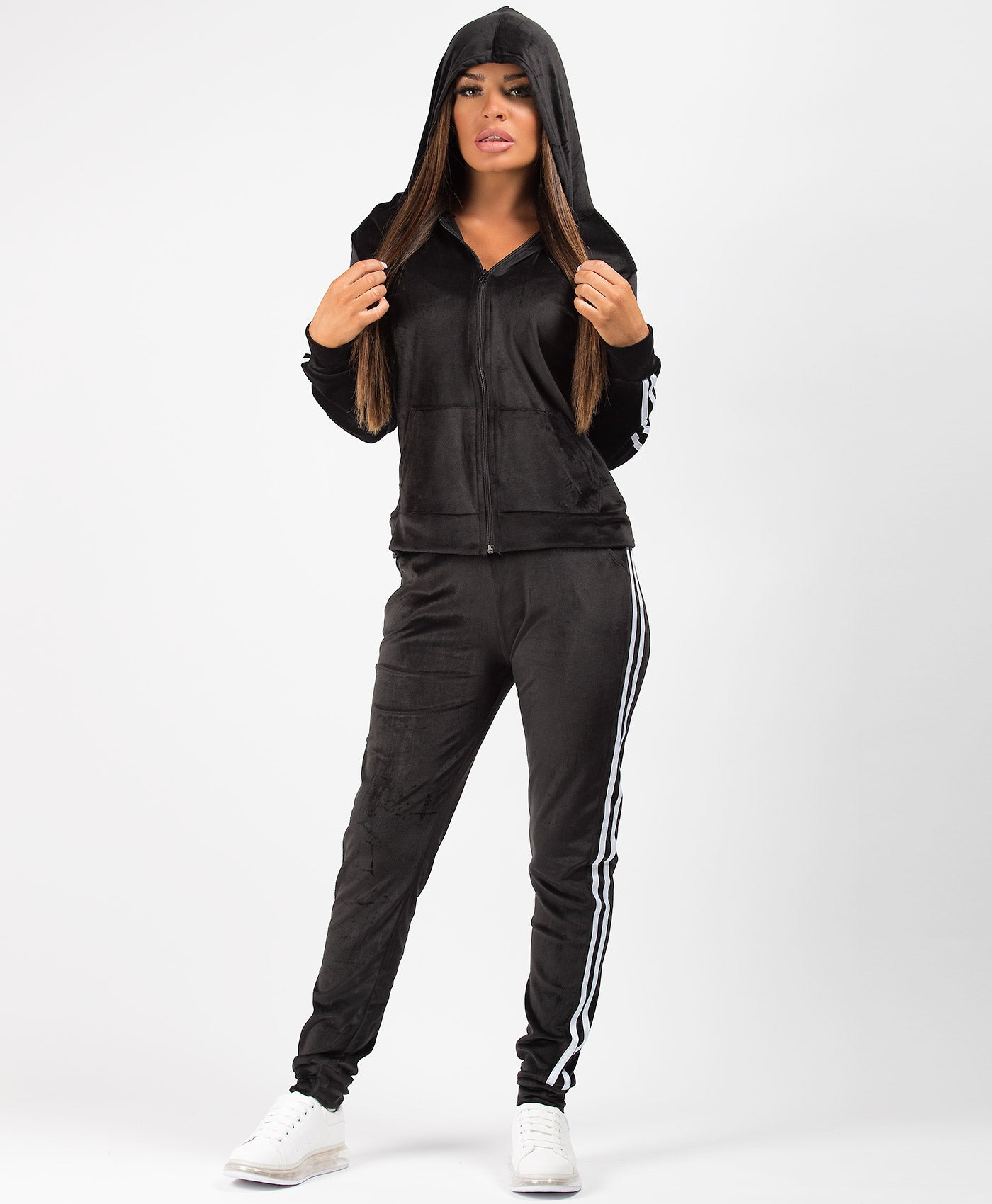 Black-Velvet-Velour-Side-Stripe-Tracksuit-Loungewear-Set-2
