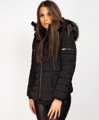 Black-Y-865-Double-Zip-Detail-Padded-Fur-Hooded-Puffer-Jacket-3a