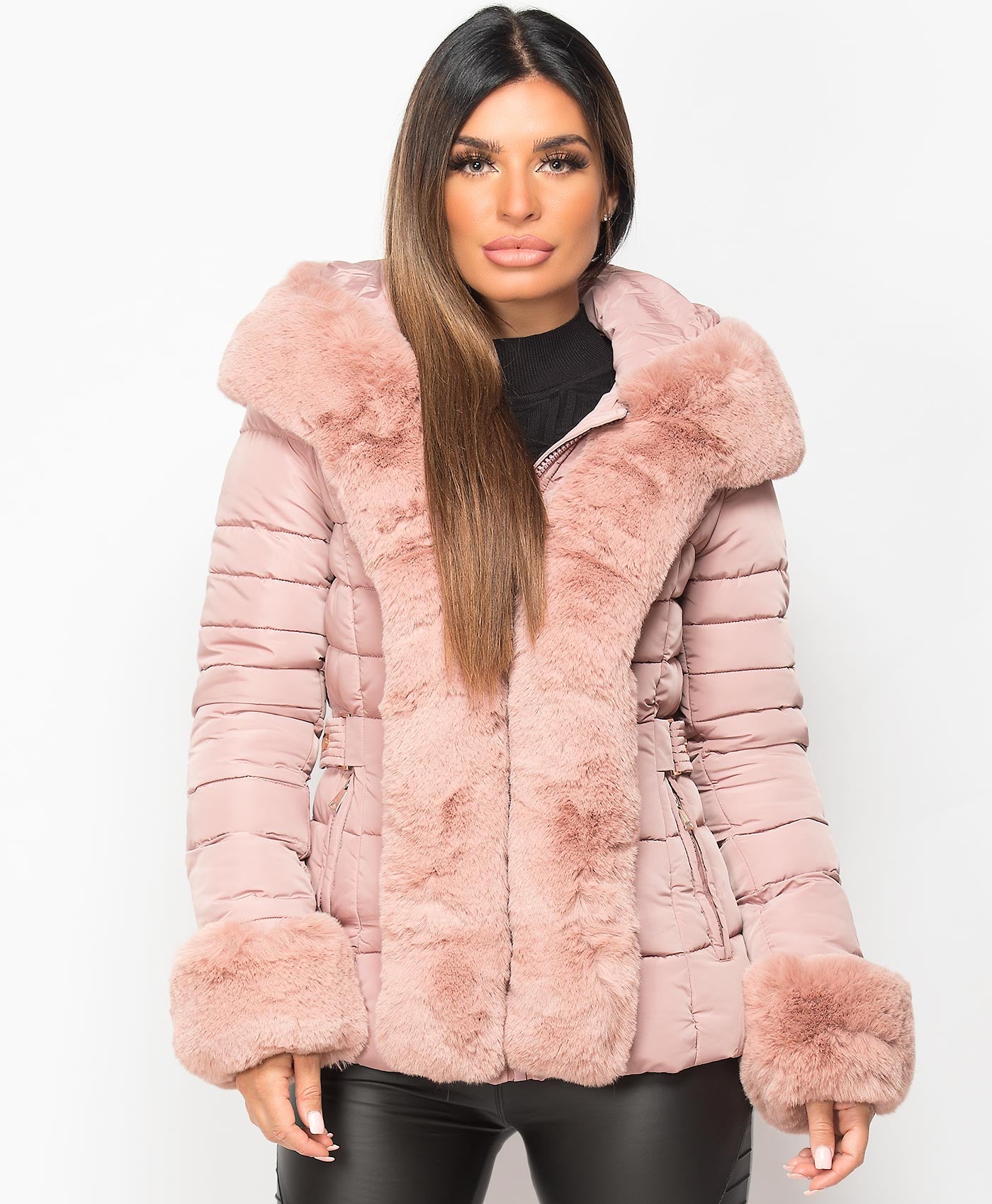 Pink-Faux-Fur-Trim-Padded-Quilted-Hooded-Puffer-Jacket-Coat-4