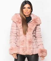 Pink-Faux-Fur-Trim-Padded-Quilted-Hooded-Puffer-Jacket-Coat-4