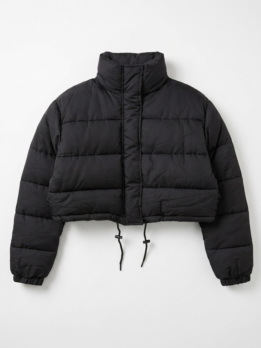 Black Cropped Puffer Jacket with Drawstring Hem and High Neck