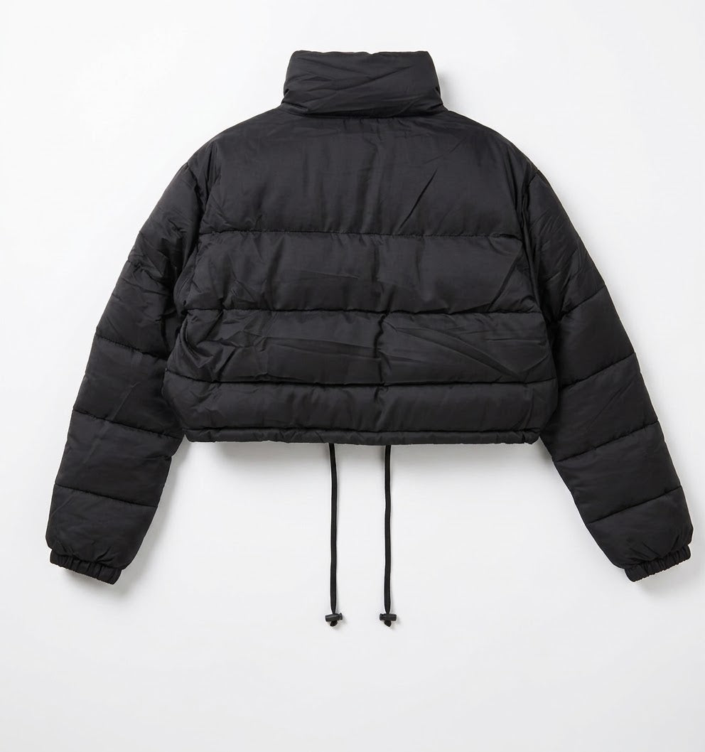 Black Cropped Puffer Jacket with Drawstring Hem and High Neck